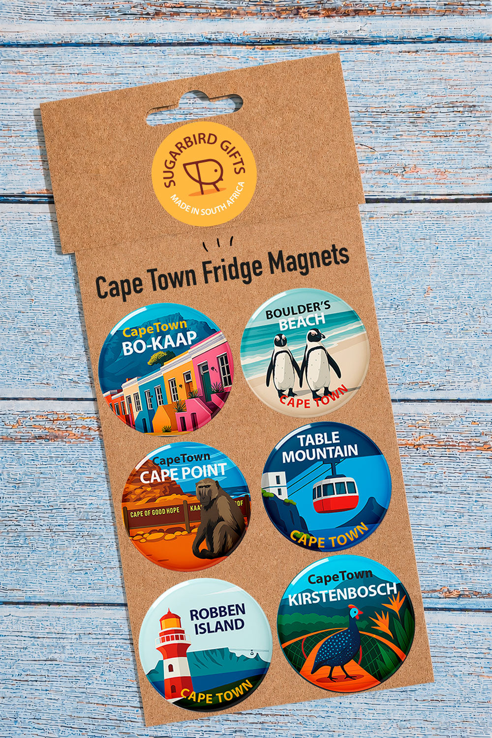 Cape Town Fridge Magnets set of 6 – Bo-Kaap, Boulder's Beach, Cape Point, Table Mountain, Robben Island, Kirstenbosch