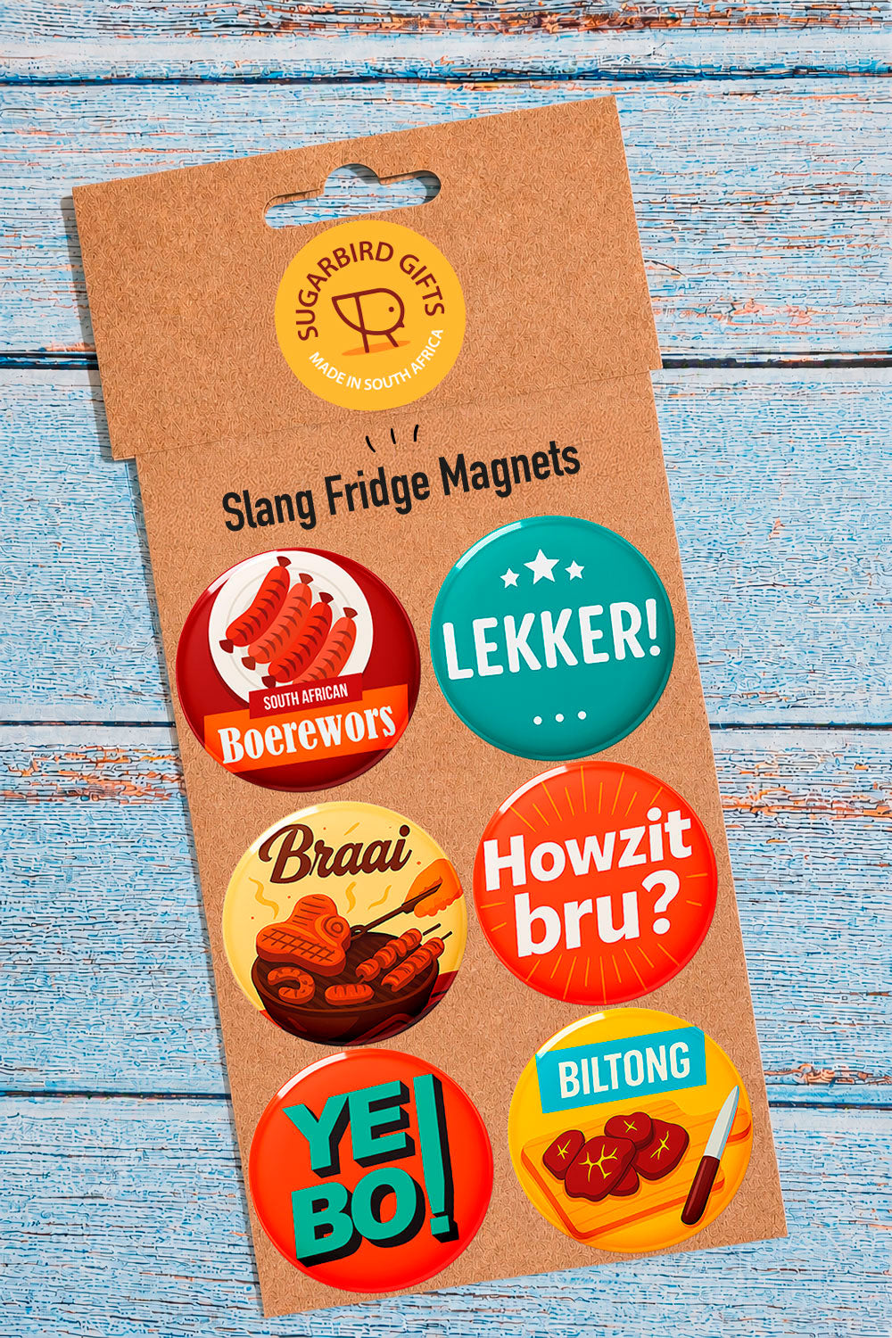 South African Slang Fridge Magnets set of 6 – Boerewors, Lekker, Braai, Howzit bru, Yebo, Biltong