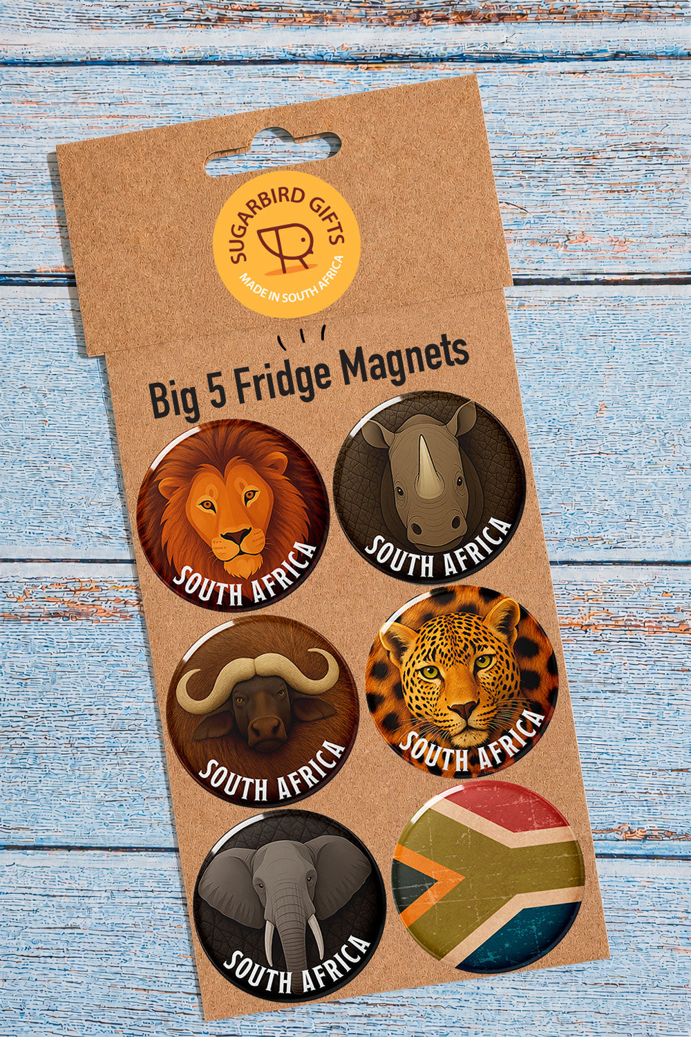 Big 5 Fridge Magnet Pack — set of 6 round magnets featuring Lion, Rhino, Buffalo, Leopard, Elephant, and South African Flag