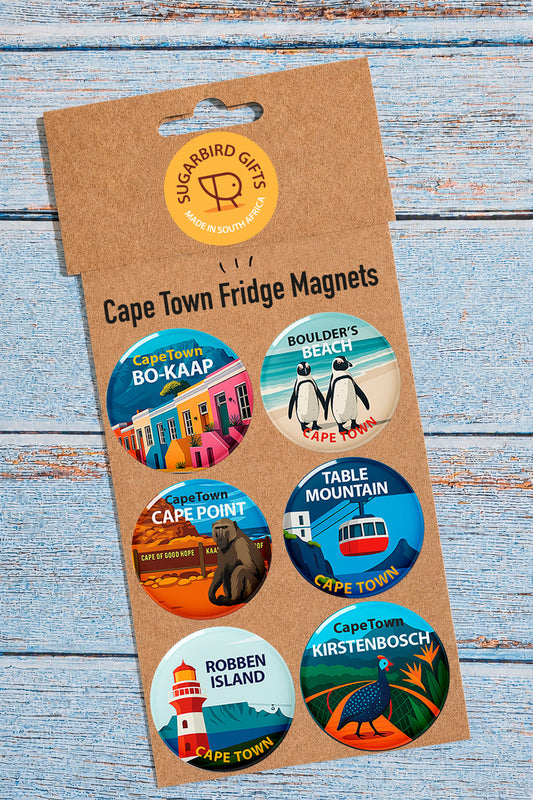 Cape Town Fridge Magnets set of 6 – Bo-Kaap, Boulder's Beach, Cape Point, Table Mountain, Robben Island, Kirstenbosch