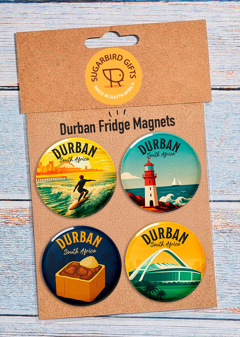 Durban Fridge Magnet Pack — set of 4 retro-illustrated round magnets featuring a surfer, lighthouse, bunny chow, and Moses Mabhida Stadium