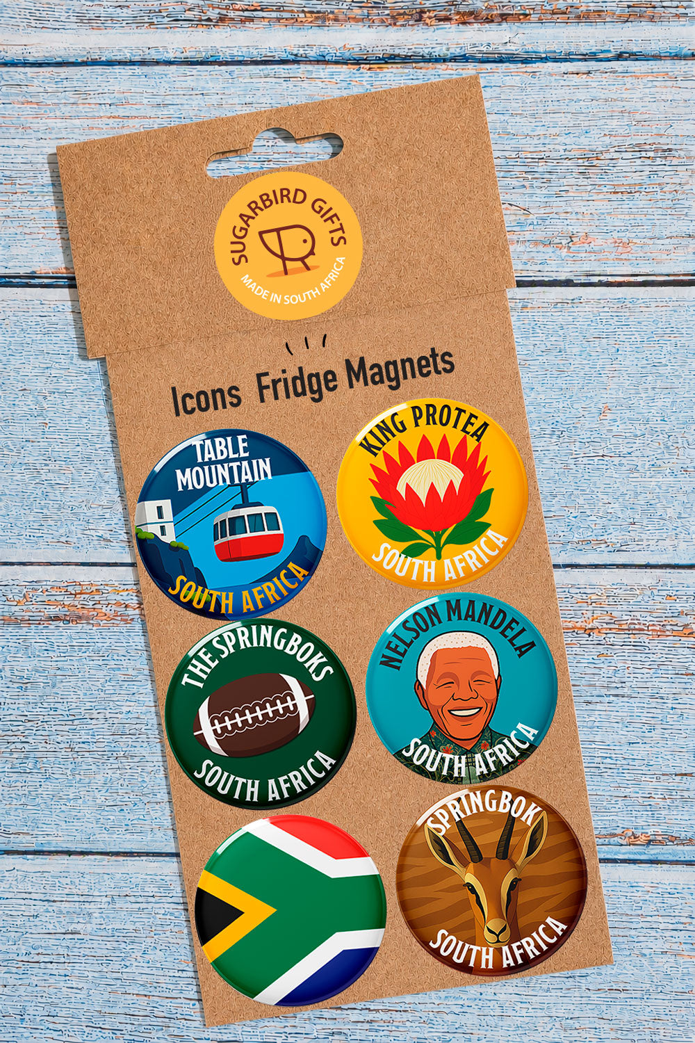South Africa Icons Fridge Magnets set of 6 – Table Mountain, King Protea, Springboks, Nelson Mandela, SA Flag, Springbok