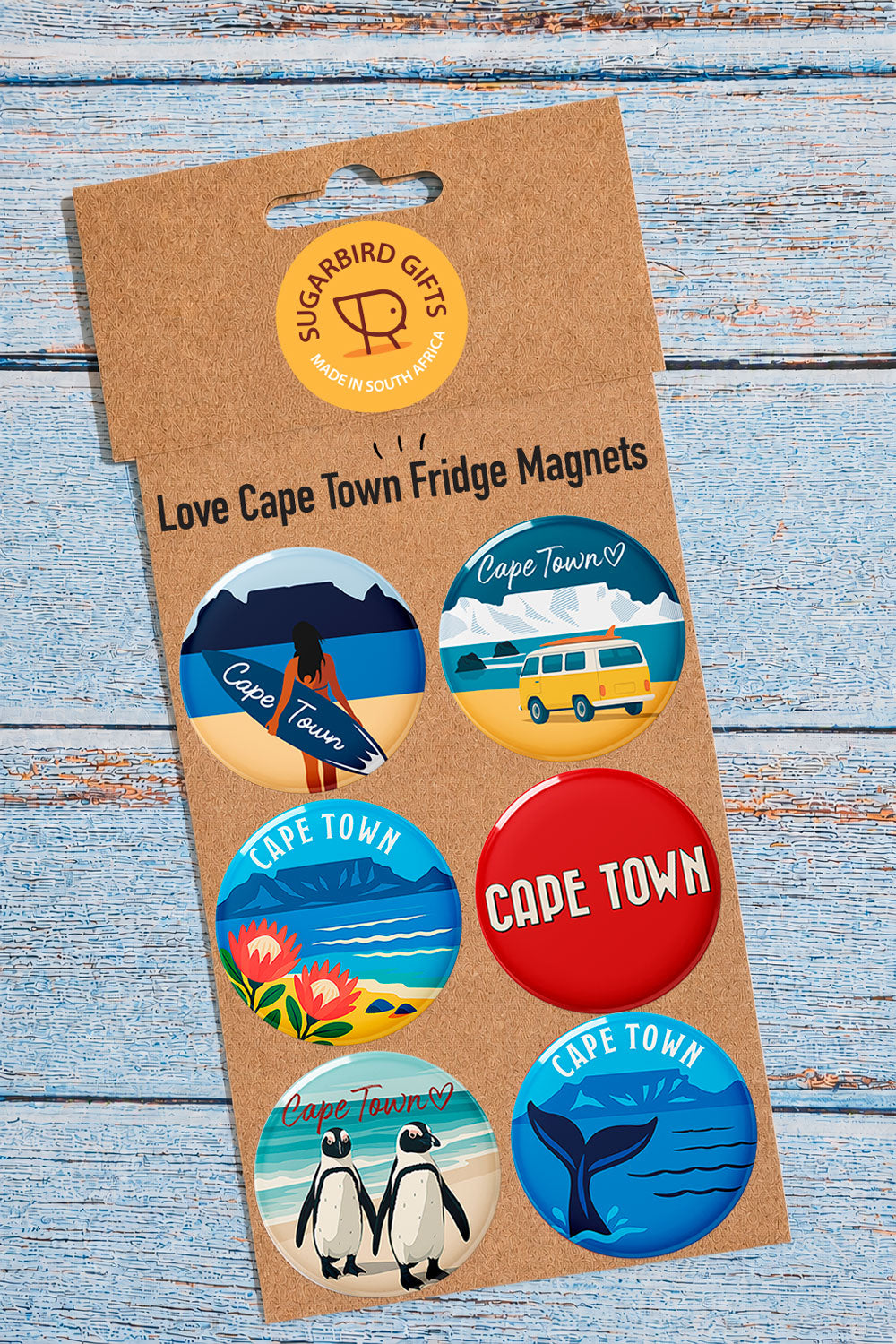 Love Cape Town Fridge Magnets set of 6 – surfer girl, VW campervan, mountain and proteas, Cape Town badge, penguins, whale tail